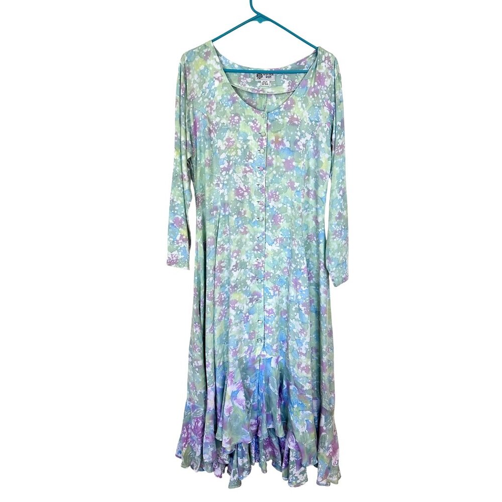 Vtg Womens Maxi Dress Large Rayon Pastel Green Pink Ecuador Winter Sun Y2K